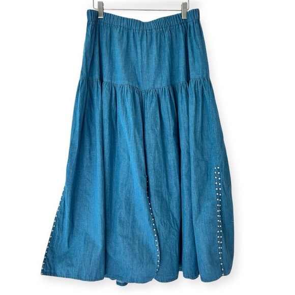 SPENCER CREATION Denim Studded Western Tiered Full Maxi Skirt Womens Size M/L - Picture 1 of 9